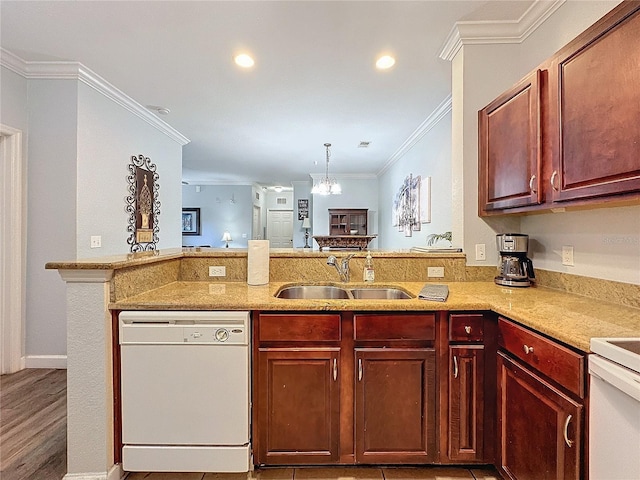 kitchen featuring dishwasher, ornamental molding, sink, and kitchen peninsula