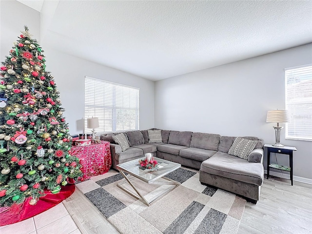 living room with a textured ceiling