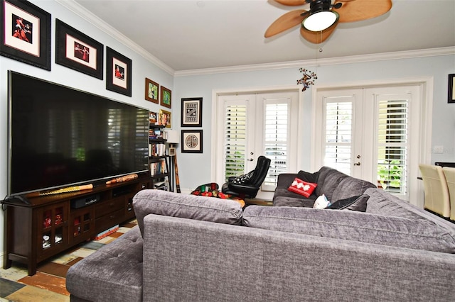 living room featuring crown molding, french doors, and ceiling fan