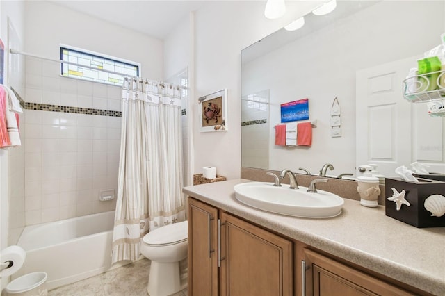 full bathroom with vanity, toilet, and shower / bathtub combination with curtain