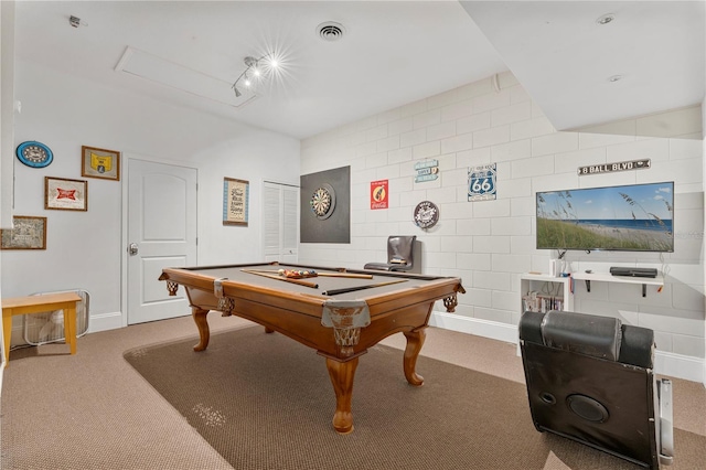 game room featuring light carpet and pool table