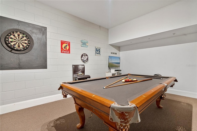 game room featuring carpet flooring and pool table