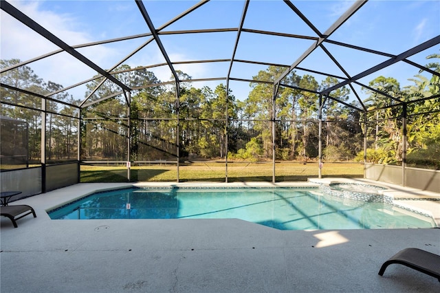 view of swimming pool featuring a lanai, an in ground hot tub, and a patio