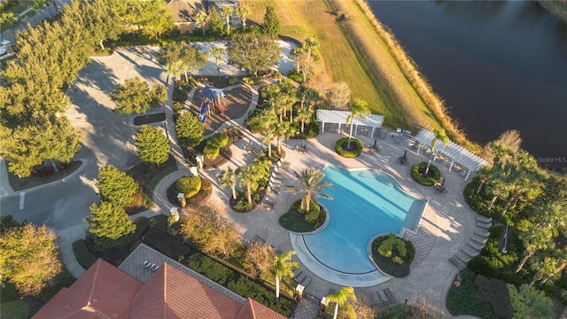 aerial view featuring a water view