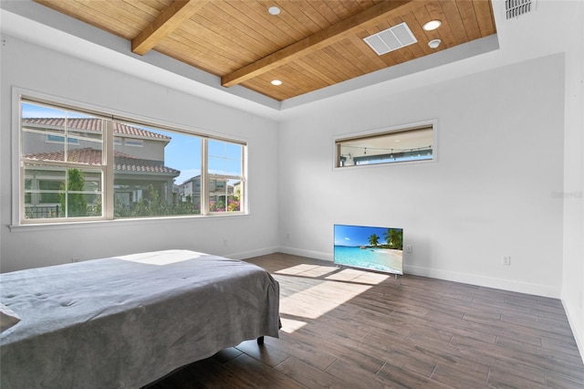 bedroom with beamed ceiling and wood ceiling