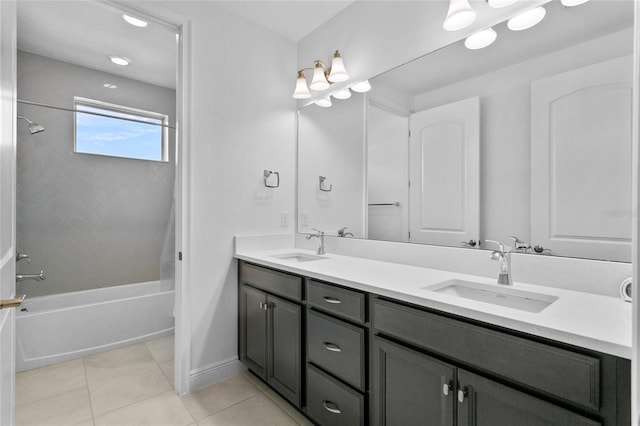 bathroom with tile patterned flooring, vanity, and tiled shower / bath combo