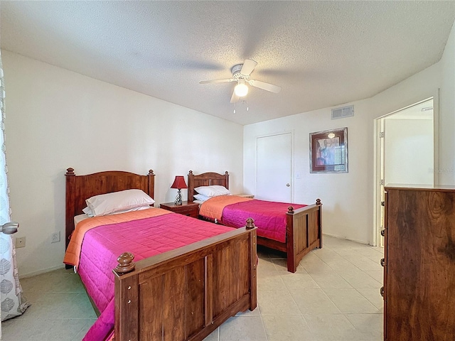 bedroom featuring a textured ceiling and ceiling fan