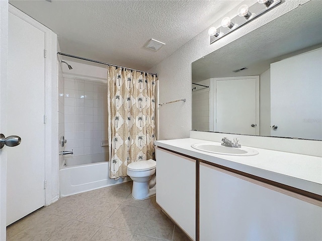 full bathroom featuring vanity, shower / bath combo, a textured ceiling, and toilet