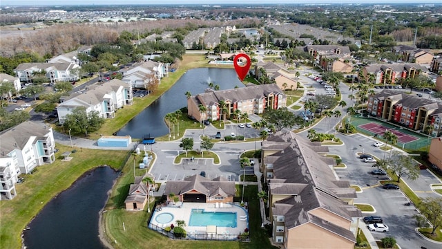 drone / aerial view featuring a water view