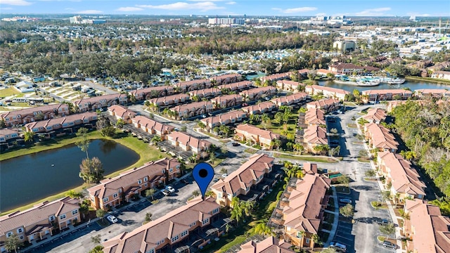 drone / aerial view with a water view