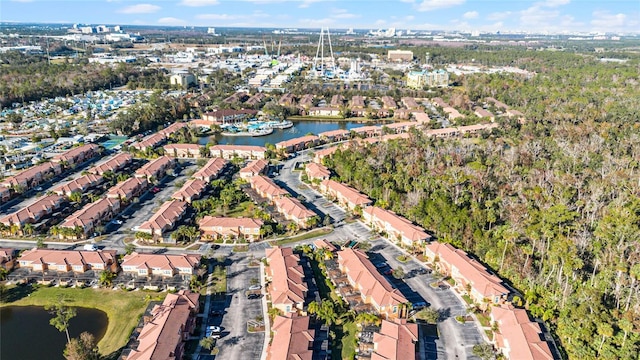 drone / aerial view with a water view