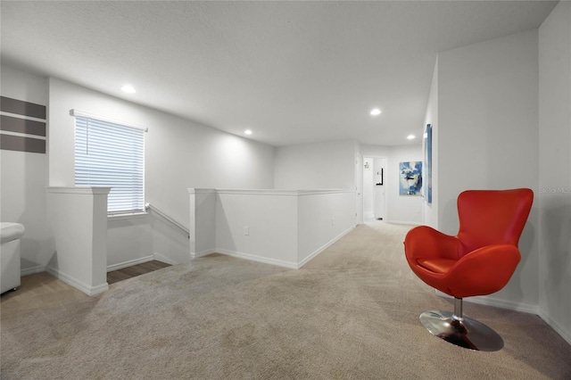 sitting room with light colored carpet