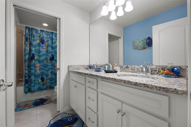 full bathroom with toilet, shower / bath combo, vanity, and tile patterned floors