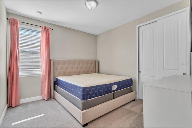 bedroom with a closet and light carpet