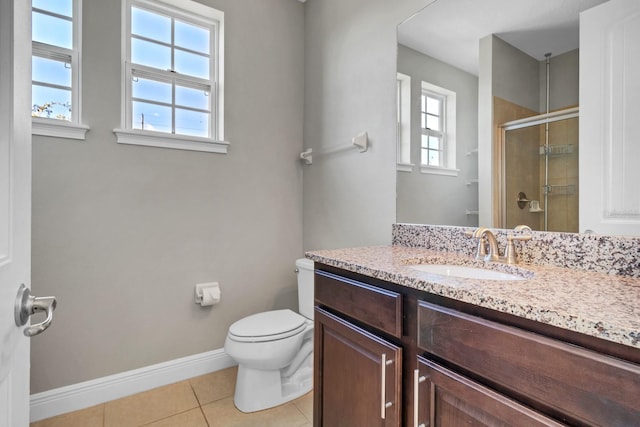 bathroom featuring toilet, tile patterned flooring, vanity, and walk in shower