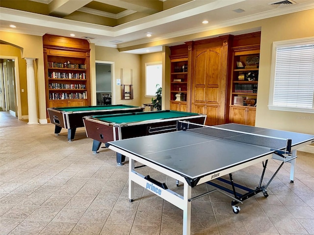 game room featuring beamed ceiling, ornate columns, crown molding, and pool table