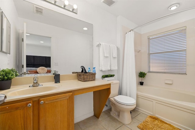 full bathroom with toilet, shower / bath combination with curtain, tile patterned floors, and vanity