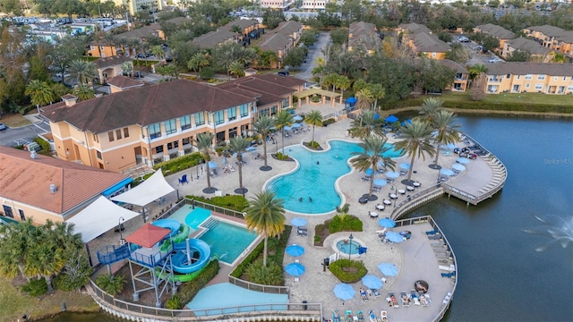 bird's eye view with a water view