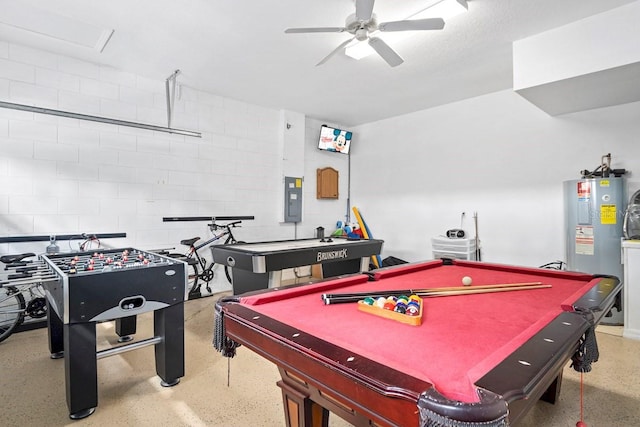 recreation room featuring electric panel, water heater, ceiling fan, and pool table