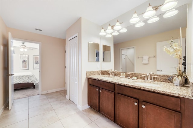 bathroom with vanity, tile patterned floors, and ceiling fan