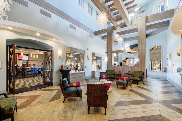 1455 Rolling Fairway Dr, Davenport, FL 33896 - building lobby featuring a high ceiling, beamed ceiling, and recessed lighting
