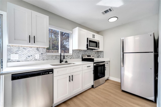 kitchen featuring stainless steel appliances, sink, white cabinetry, tasteful backsplash, and light hardwood / wood-style flooring