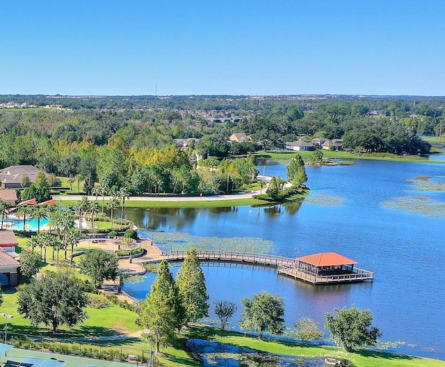 birds eye view of property featuring a water view