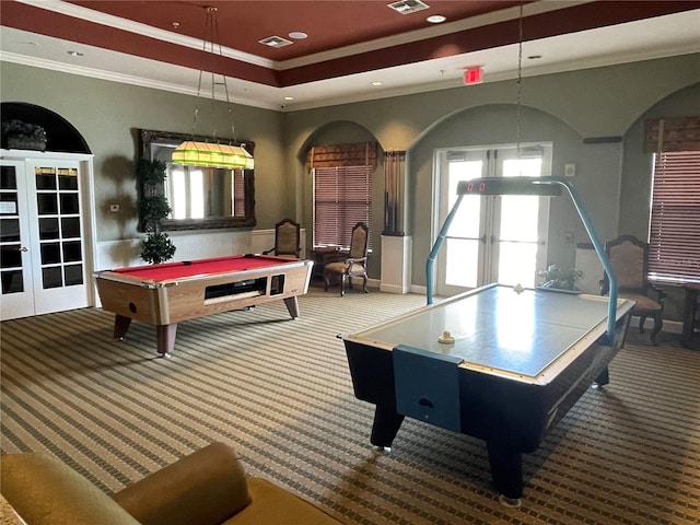 playroom featuring carpet flooring, pool table, a tray ceiling, and ornamental molding