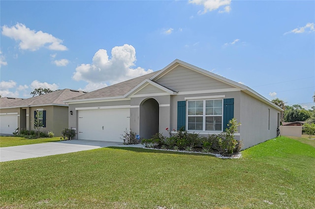 ranch-style home featuring a garage and a front lawn