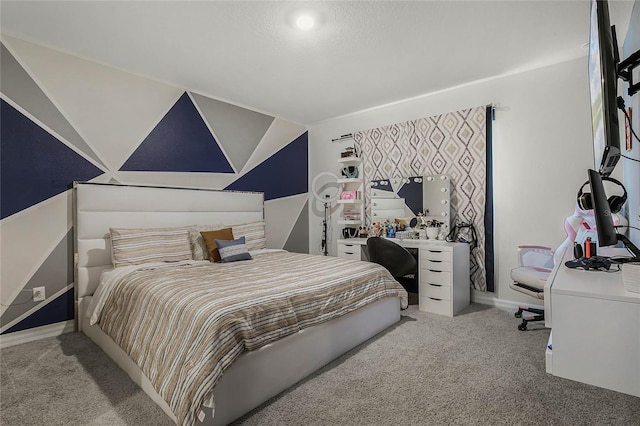 bedroom featuring light carpet