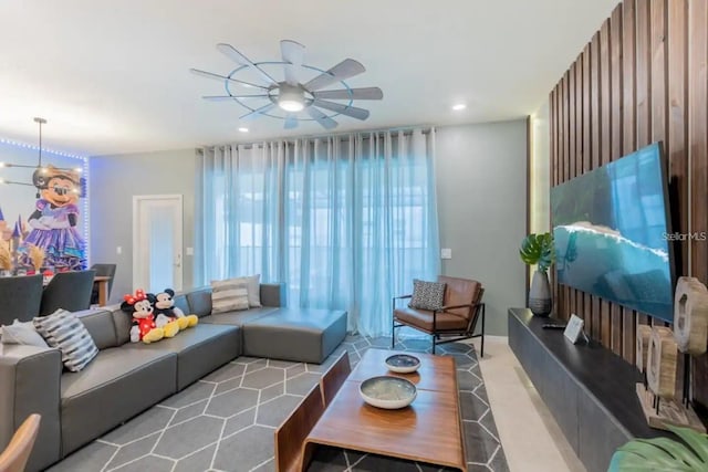 living room featuring ceiling fan