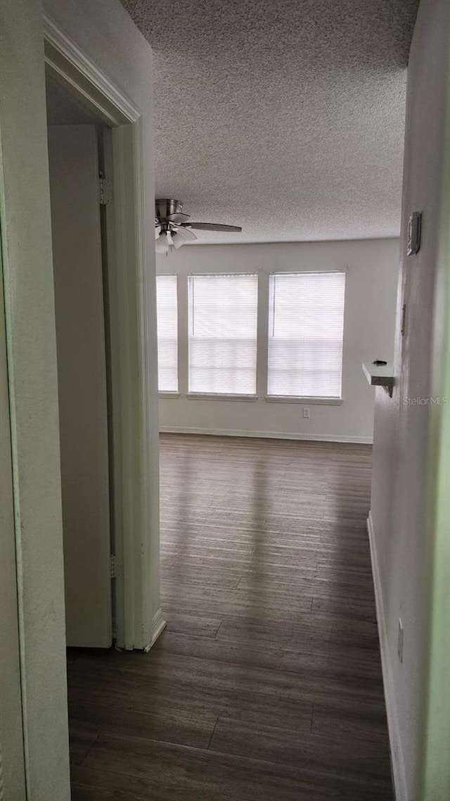 corridor featuring dark hardwood / wood-style flooring, a healthy amount of sunlight, and a textured ceiling