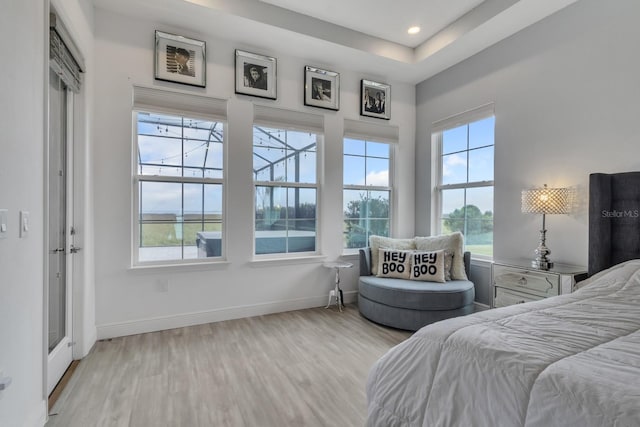 bedroom featuring a tray ceiling and light hardwood / wood-style flooring