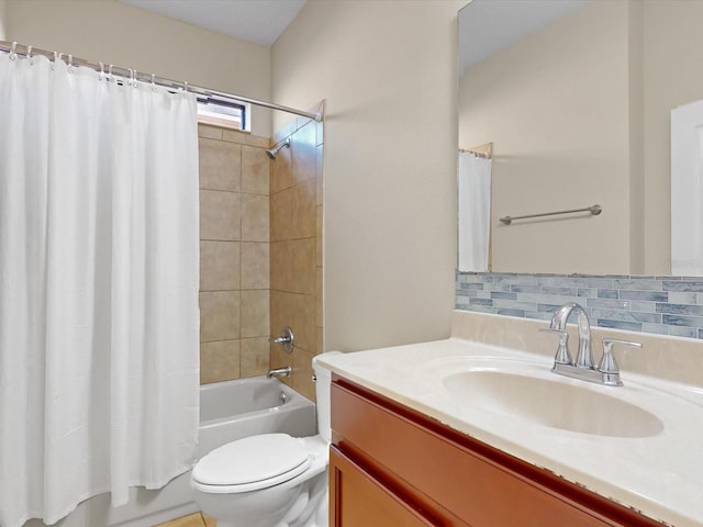 full bathroom with shower / bathtub combination with curtain, vanity, backsplash, and toilet