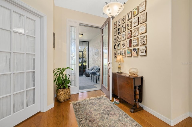 doorway with baseboards, wood finished floors, and french doors