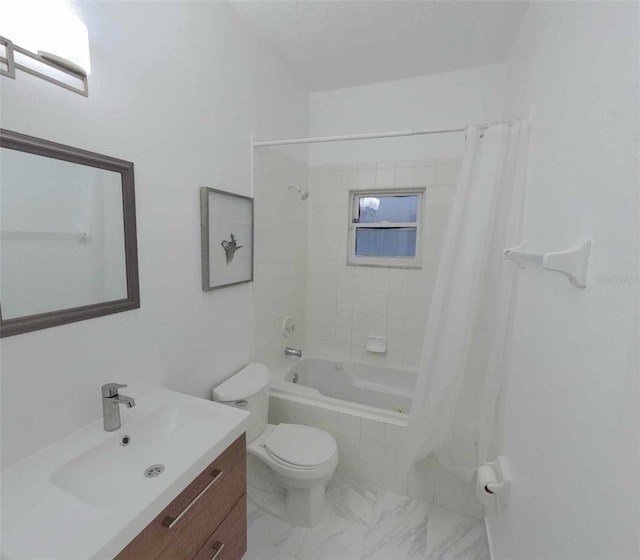 full bathroom with vanity, shower / bath combination with curtain, and toilet