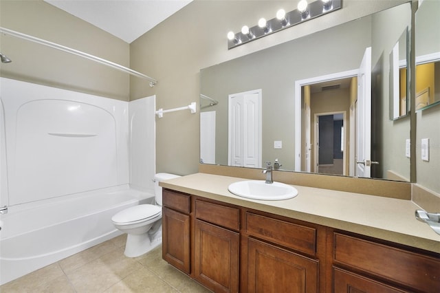 full bathroom featuring vanity, visible vents, tile patterned flooring, shower / tub combination, and toilet