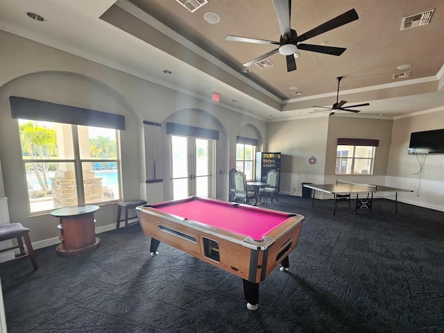 playroom with french doors, a raised ceiling, ceiling fan, and billiards