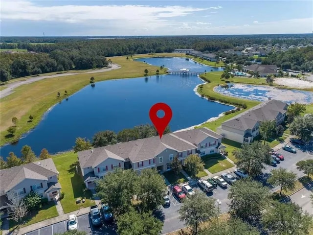 drone / aerial view featuring a water view