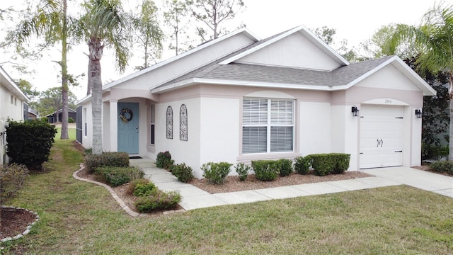 single story home with a garage and a front yard