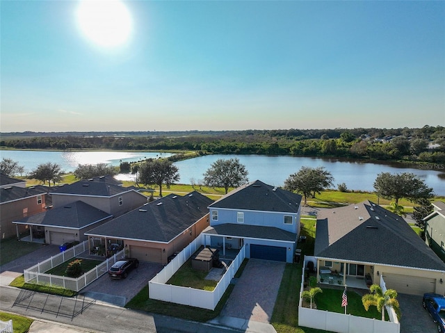 drone / aerial view featuring a water view