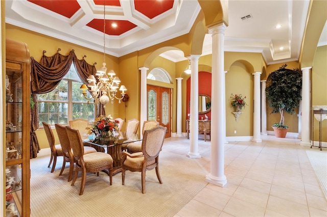 dining area with a towering ceiling, ornamental molding, light tile patterned floors, and a chandelier