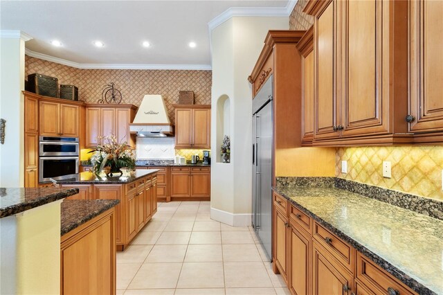 kitchen with stainless steel appliances, custom exhaust hood, decorative backsplash, and crown molding