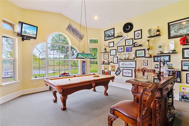 game room featuring lofted ceiling, carpet flooring, and billiards