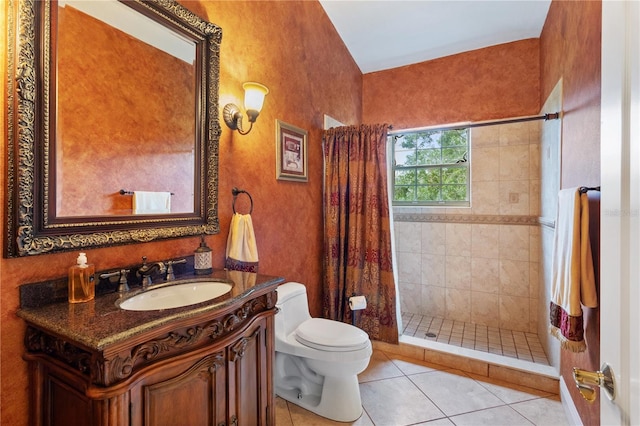 bathroom with toilet, tile patterned floors, a shower with shower curtain, and vanity