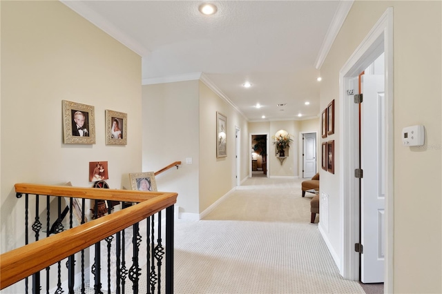 corridor with crown molding and light colored carpet