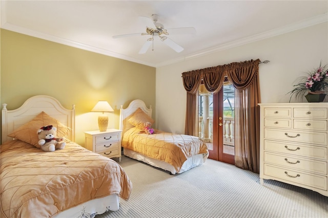 carpeted bedroom featuring ceiling fan, french doors, ornamental molding, and access to exterior