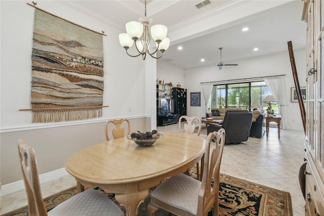 dining area featuring light tile patterned floors, ceiling fan with notable chandelier, and crown molding