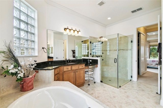 bathroom featuring crown molding, vanity, and independent shower and bath