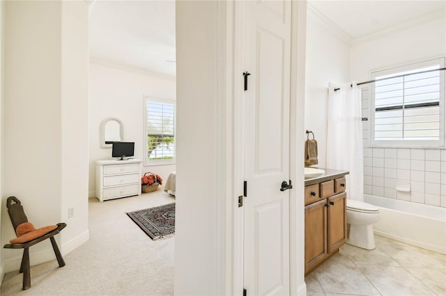 full bathroom with shower / tub combo, vanity, toilet, and crown molding